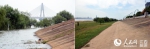 拼版图片：左图为今年7月所拍摄的赣江南昌段水位；右图为今日所拍图片，最高水位退去后的痕迹仍留在堤岸上。 - 人民网